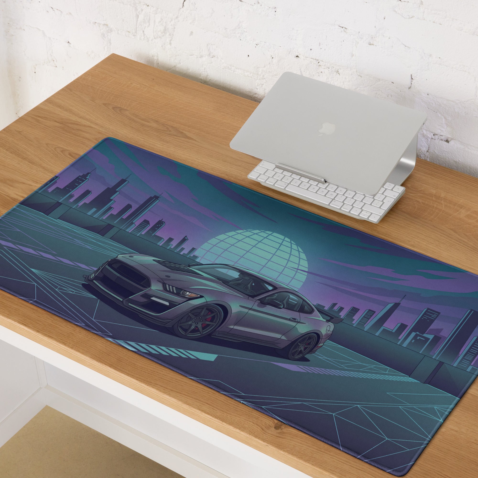 Ford Mustang Shelby GT500 Inspired Gray Vaporwave Gaming Mouse Pad – Teal Purple Futuristic Skyline Desk Mat with Retro Grid Sun and Synthwave Art