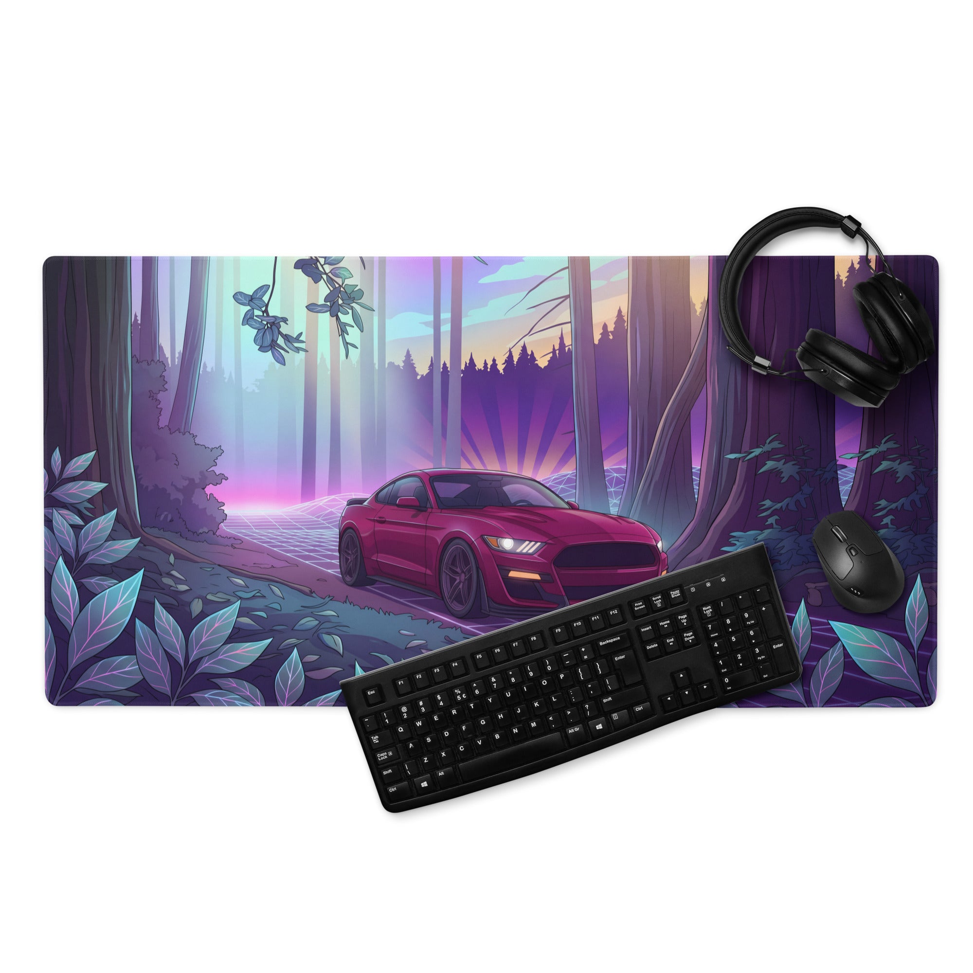 Ford Mustang GT Inspired Red Vaporwave Gaming Mouse Pad – Purple Neon Redwood Forest Desk Mat with Retro Grid Road and Dreamy Synthwave Art
