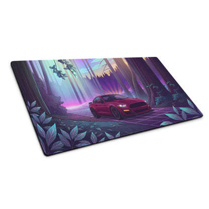 Ford Mustang GT Inspired Red Vaporwave Gaming Mouse Pad – Purple Neon Redwood Forest Desk Mat with Retro Grid Road and Dreamy Synthwave Art