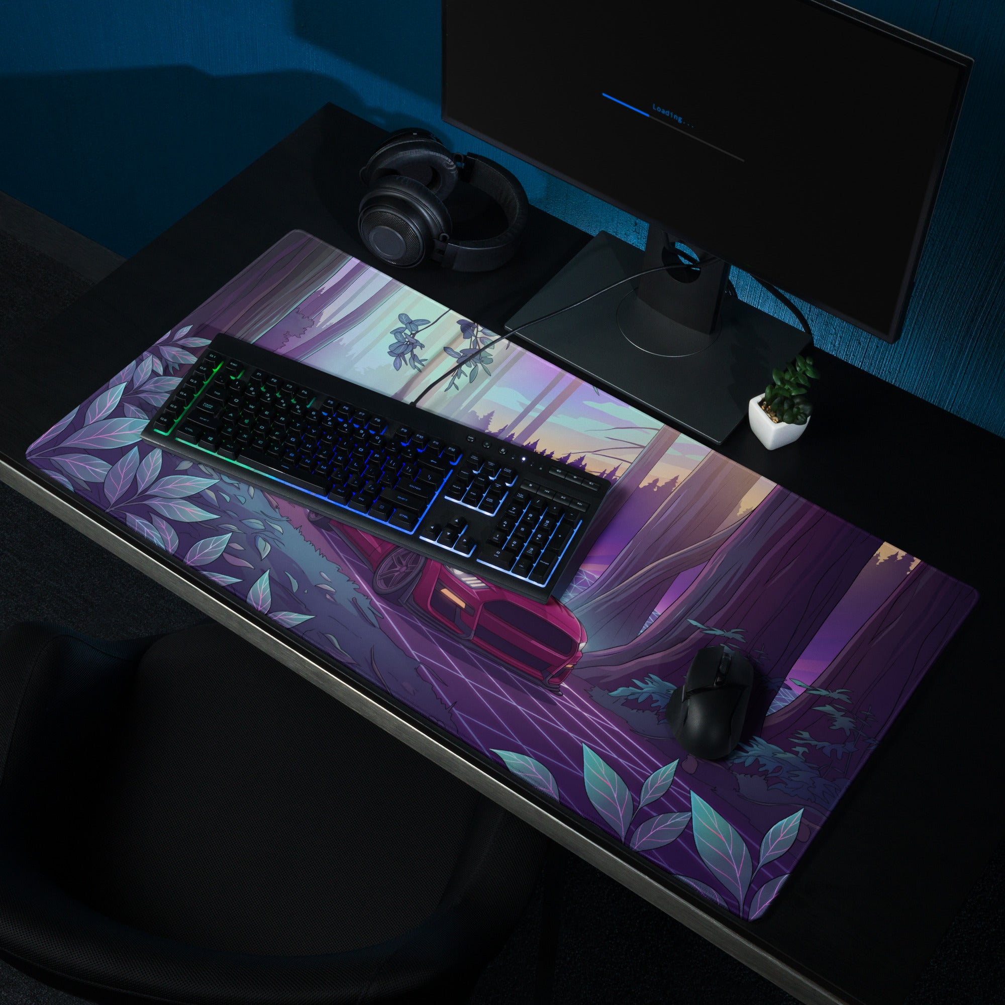 Ford Mustang GT Inspired Red Vaporwave Gaming Mouse Pad – Purple Neon Redwood Forest Desk Mat with Retro Grid Road and Dreamy Synthwave Art