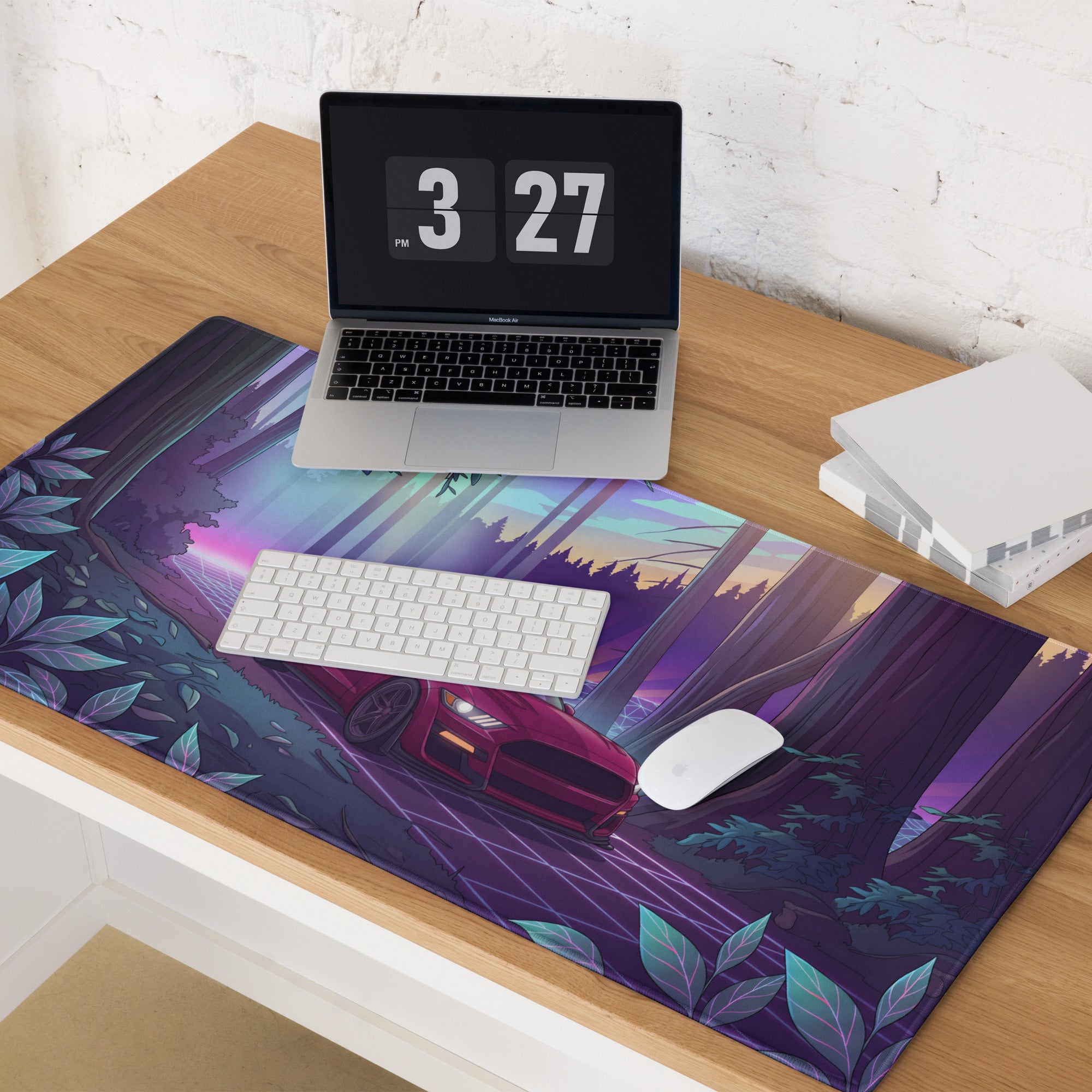Ford Mustang GT Inspired Red Vaporwave Gaming Mouse Pad – Purple Neon Redwood Forest Desk Mat with Retro Grid Road and Dreamy Synthwave Art