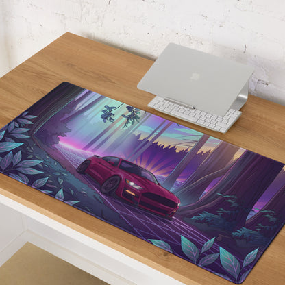 Ford Mustang GT Inspired Red Vaporwave Gaming Mouse Pad – Purple Neon Redwood Forest Desk Mat with Retro Grid Road and Dreamy Synthwave Art