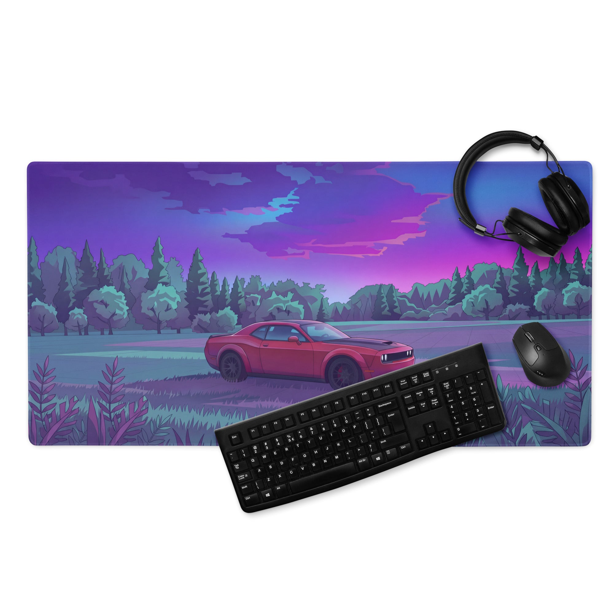 Dodge Challenger SRT Hellcat Widebody Inspired Red Vaporwave Gaming Mouse Pad – Purple Forest Landscape Desk Mat with Retro Futuristic Sunset Art