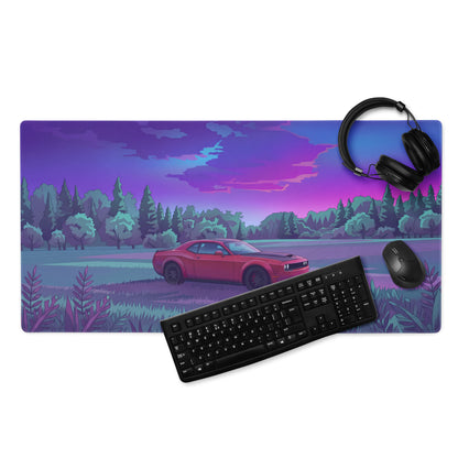 Dodge Challenger SRT Hellcat Widebody Inspired Red Vaporwave Gaming Mouse Pad – Purple Forest Landscape Desk Mat with Retro Futuristic Sunset Art