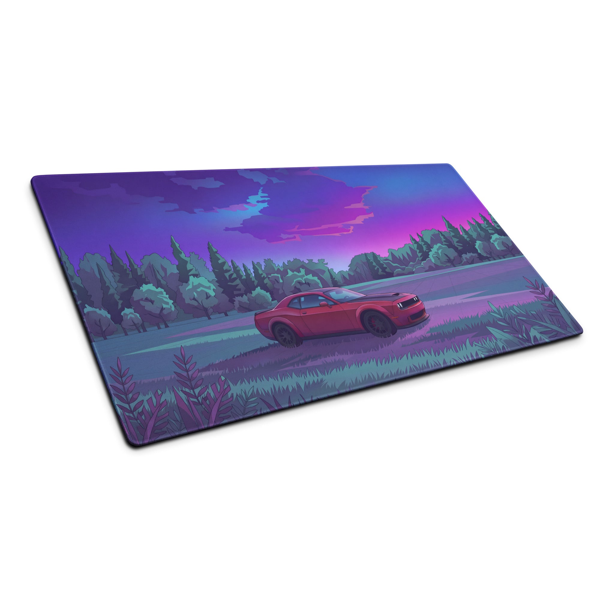 Dodge Challenger SRT Hellcat Widebody Inspired Red Vaporwave Gaming Mouse Pad – Purple Forest Landscape Desk Mat with Retro Futuristic Sunset Art
