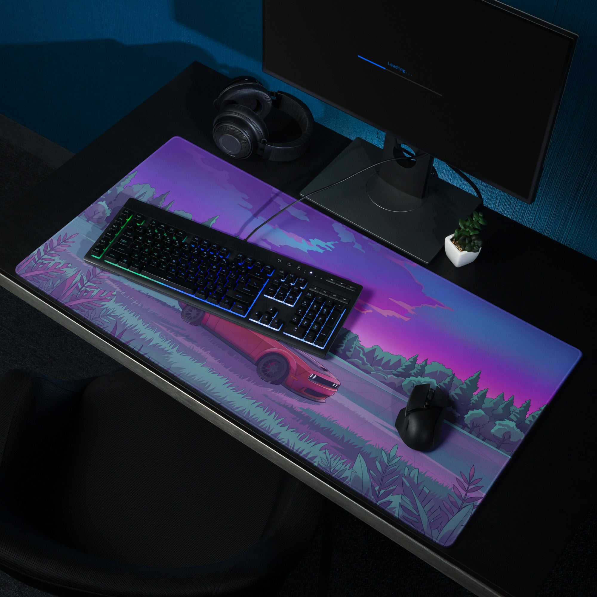 Dodge Challenger SRT Hellcat Widebody Inspired Red Vaporwave Gaming Mouse Pad – Purple Forest Landscape Desk Mat with Retro Futuristic Sunset Art