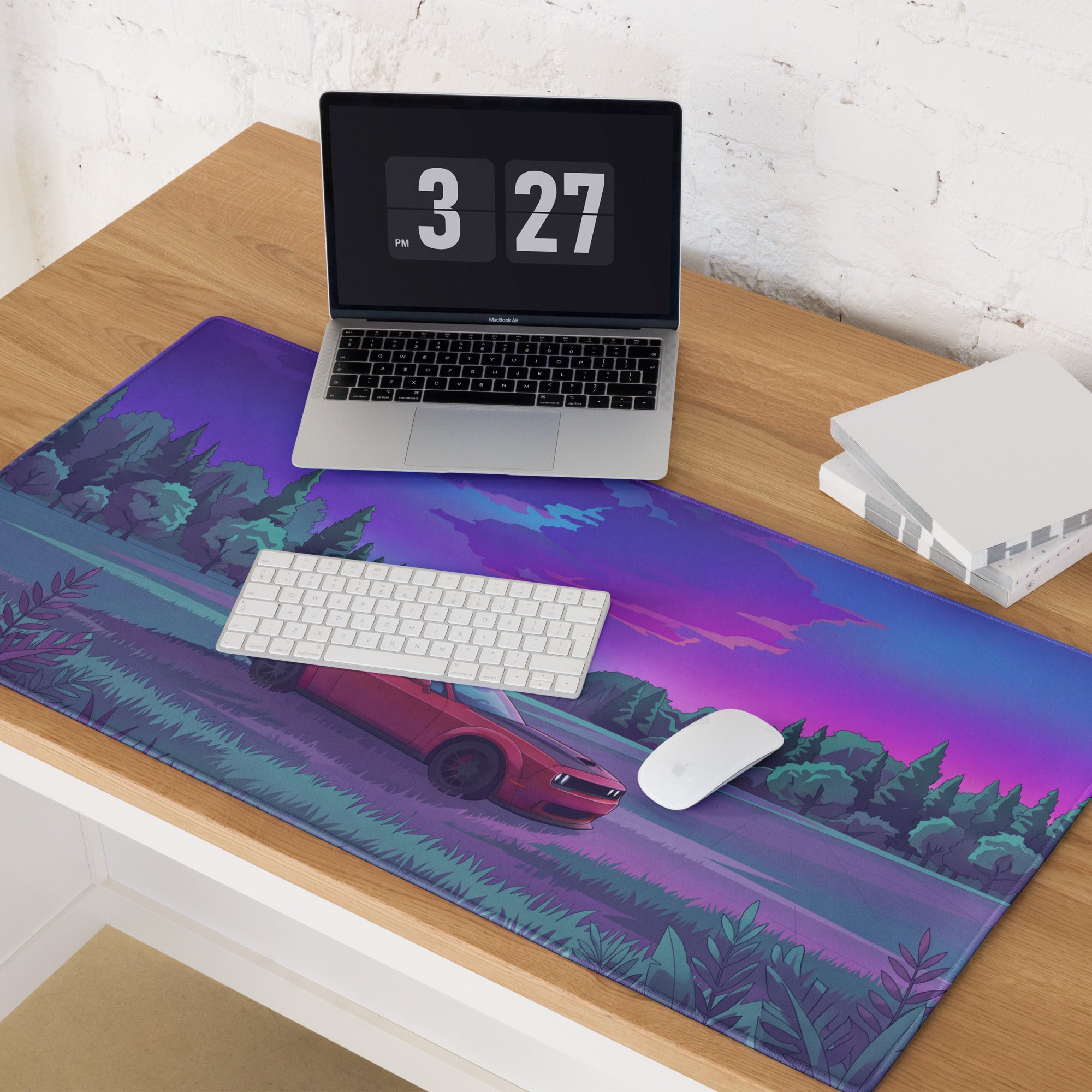 Dodge Challenger SRT Hellcat Widebody Inspired Red Vaporwave Gaming Mouse Pad – Purple Forest Landscape Desk Mat with Retro Futuristic Sunset Art