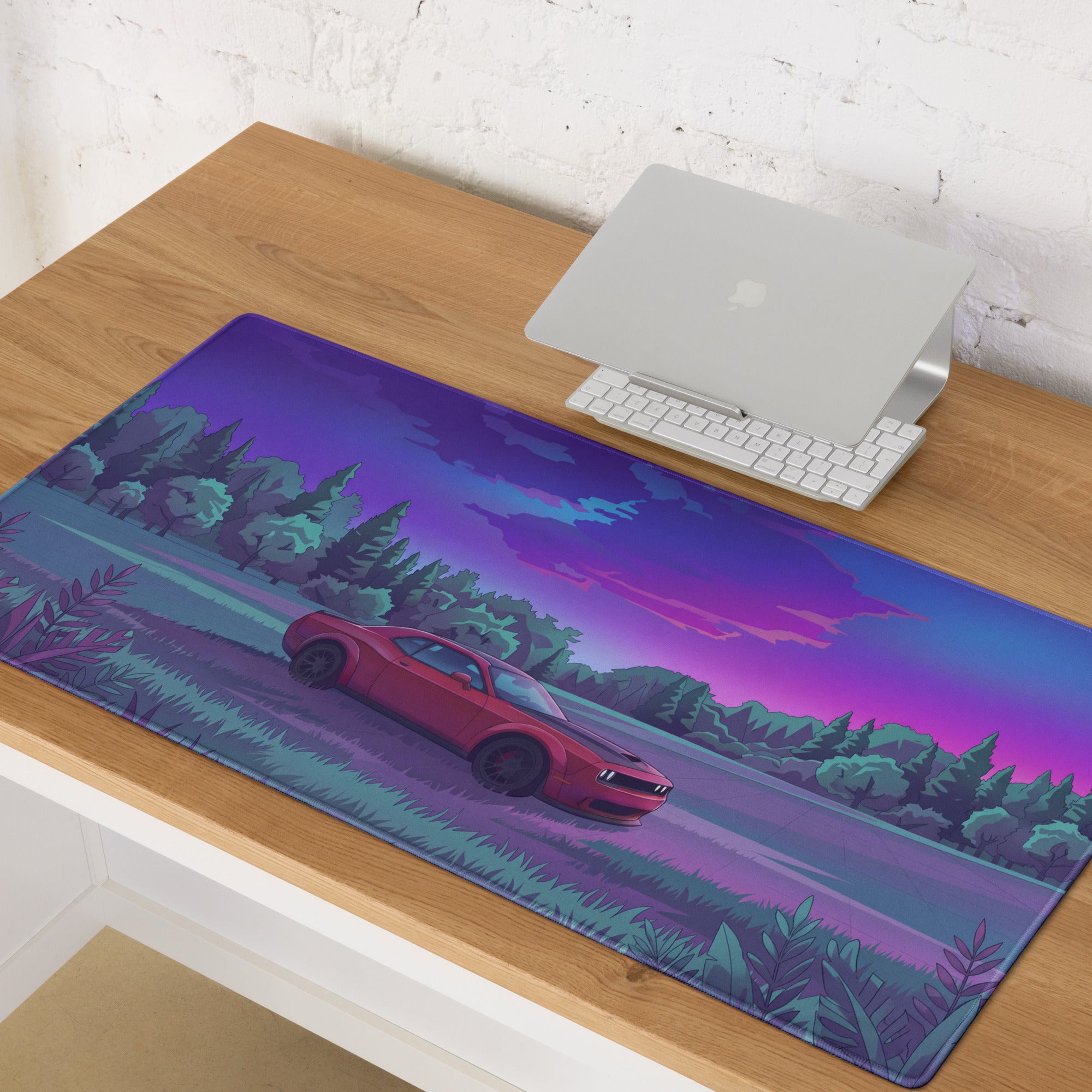 Dodge Challenger SRT Hellcat Widebody Inspired Red Vaporwave Gaming Mouse Pad – Purple Forest Landscape Desk Mat with Retro Futuristic Sunset Art
