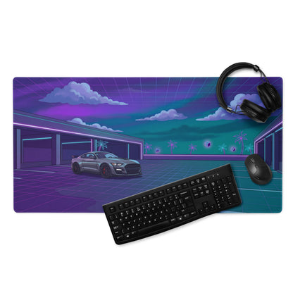Ford Mustang Shelby GT500 Inspired Gray Vaporwave Gaming Mouse Pad – Neon Purple Cyan Parking Garage Desk Mat with Retro Grid Palm Trees and Futuristic Art