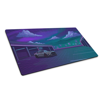 Ford Mustang Shelby GT500 Inspired Gray Vaporwave Gaming Mouse Pad – Neon Purple Cyan Parking Garage Desk Mat with Retro Grid Palm Trees and Futuristic Art