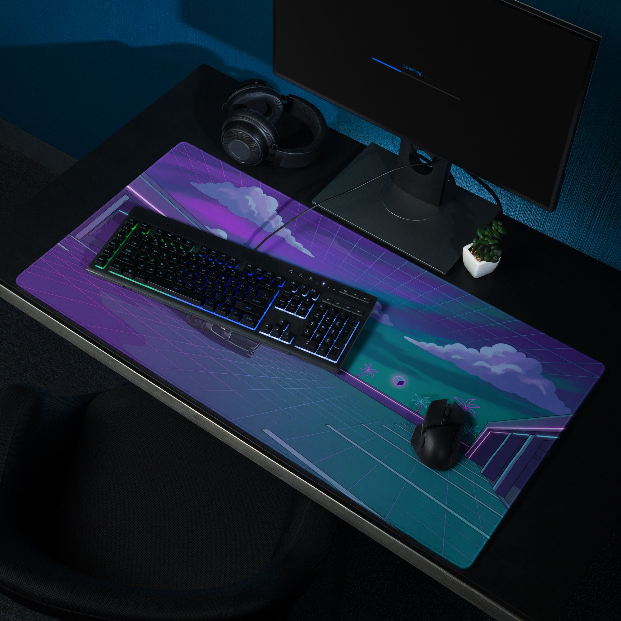 Ford Mustang Shelby GT500 Inspired Gray Vaporwave Gaming Mouse Pad – Neon Purple Cyan Parking Garage Desk Mat with Retro Grid Palm Trees and Futuristic Art