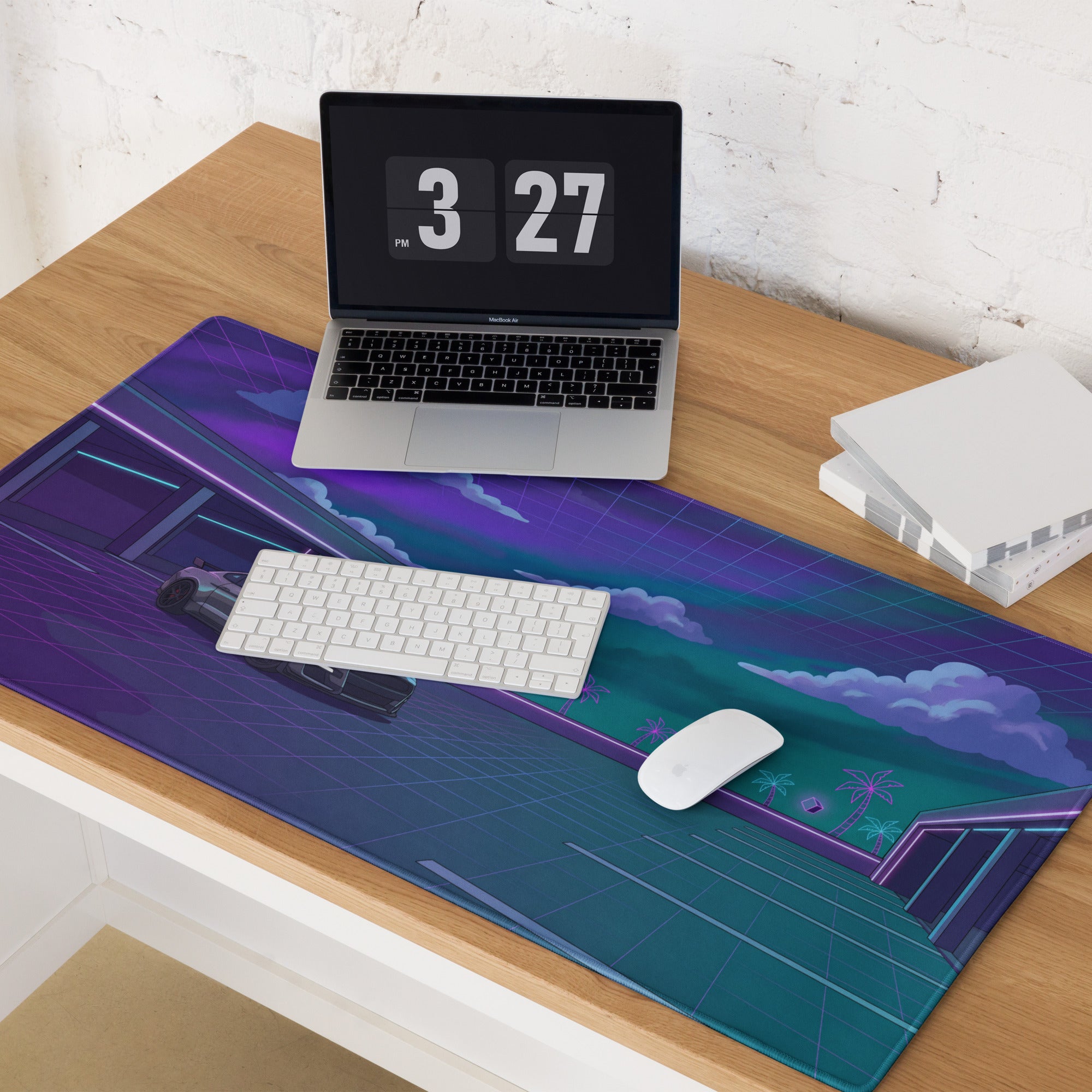 Ford Mustang Shelby GT500 Inspired Gray Vaporwave Gaming Mouse Pad – Neon Purple Cyan Parking Garage Desk Mat with Retro Grid Palm Trees and Futuristic Art