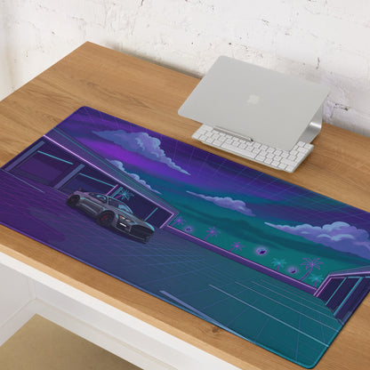 Ford Mustang Shelby GT500 Inspired Gray Vaporwave Gaming Mouse Pad – Neon Purple Cyan Parking Garage Desk Mat with Retro Grid Palm Trees and Futuristic Art