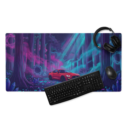 Ford Mustang Shelby GT500 Inspired Red Vaporwave Gaming Mouse Pad – Neon Cyan Purple Redwood Forest Desk Mat with Crystals and Futuristic Art