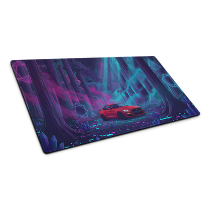 Ford Mustang Shelby GT500 Inspired Red Vaporwave Gaming Mouse Pad – Neon Cyan Purple Redwood Forest Desk Mat with Crystals and Futuristic Art