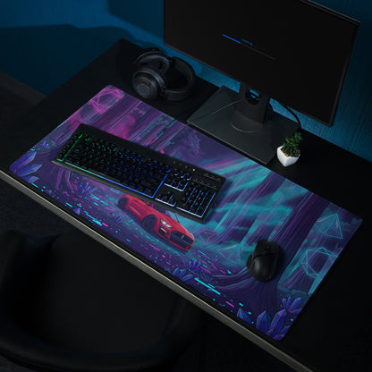Ford Mustang Shelby GT500 Inspired Red Vaporwave Gaming Mouse Pad – Neon Cyan Purple Redwood Forest Desk Mat with Crystals and Futuristic Art