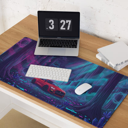 Ford Mustang Shelby GT500 Inspired Red Vaporwave Gaming Mouse Pad – Neon Cyan Purple Redwood Forest Desk Mat with Crystals and Futuristic Art