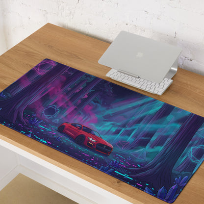 Ford Mustang Shelby GT500 Inspired Red Vaporwave Gaming Mouse Pad – Neon Cyan Purple Redwood Forest Desk Mat with Crystals and Futuristic Art