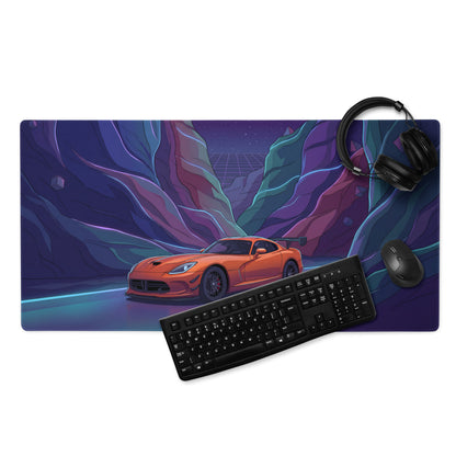 Dodge Viper SRT ACR Inspired Orange Vaporwave Gaming Mouse Pad – Neon Purple Canyon Road Desk Mat with Retro Grid Sky and Futuristic Night Art