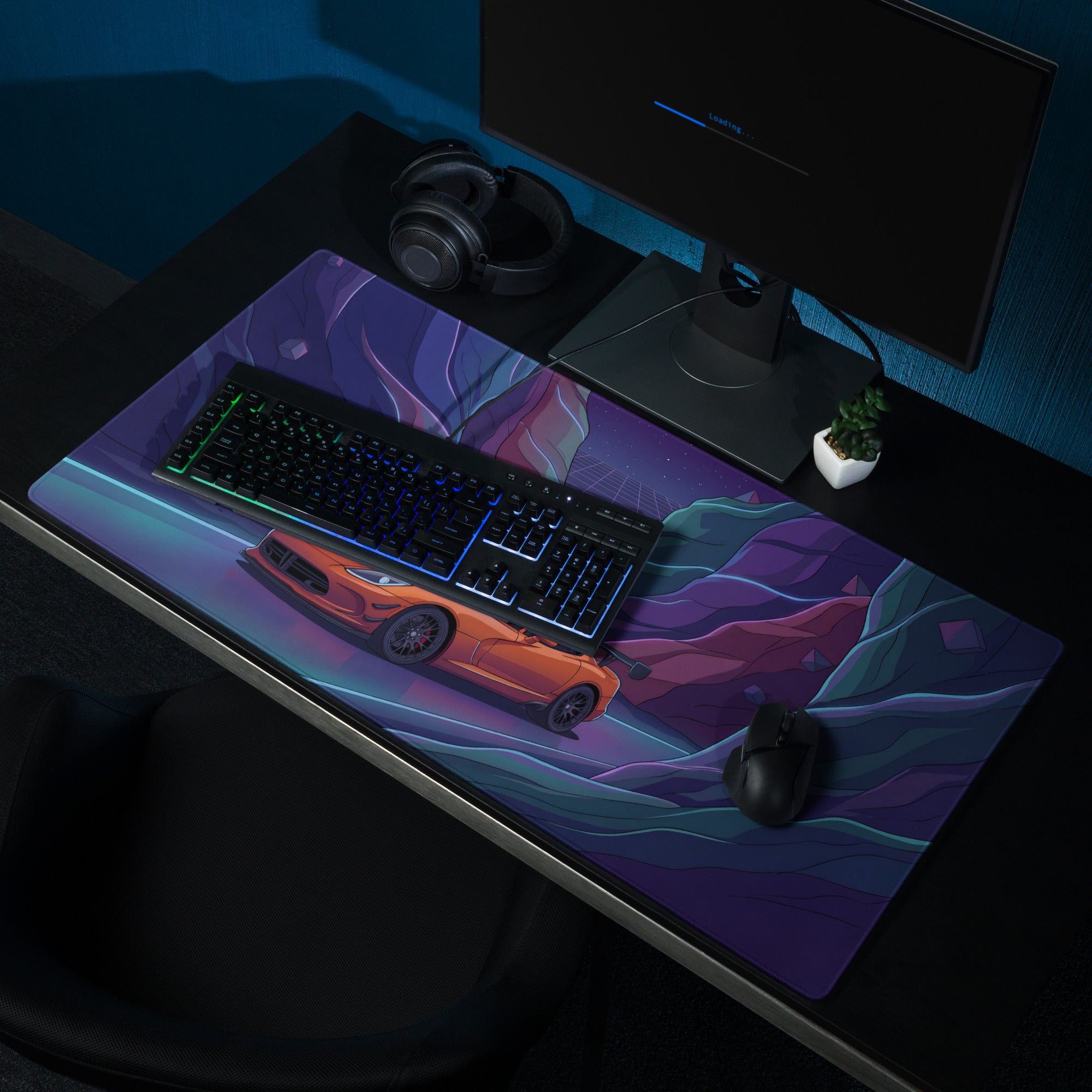 Dodge Viper SRT ACR Inspired Orange Vaporwave Gaming Mouse Pad – Neon Purple Canyon Road Desk Mat with Retro Grid Sky and Futuristic Night Art