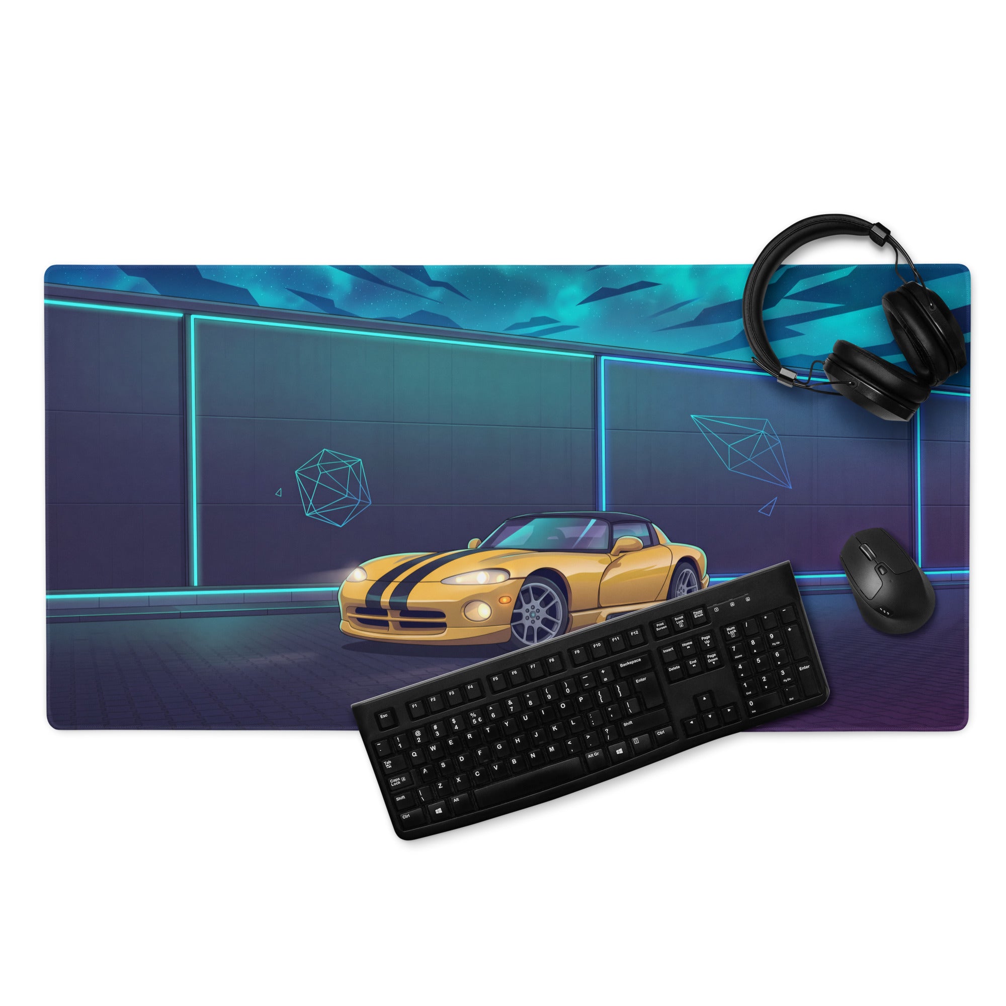 Dodge Viper SRT-10 Inspired Yellow Vaporwave Gaming Mouse Pad – Neon Cyan Night Garage Desk Mat with Black Racing Stripes and Futuristic Geometric Art