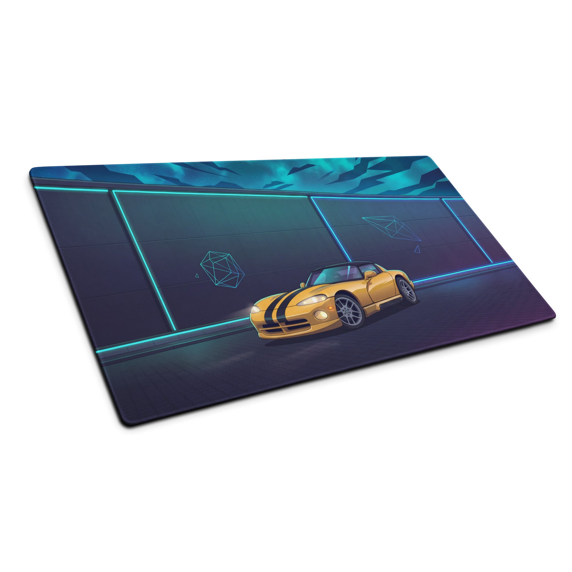 Dodge Viper SRT-10 Inspired Yellow Vaporwave Gaming Mouse Pad – Neon Cyan Night Garage Desk Mat with Black Racing Stripes and Futuristic Geometric Art