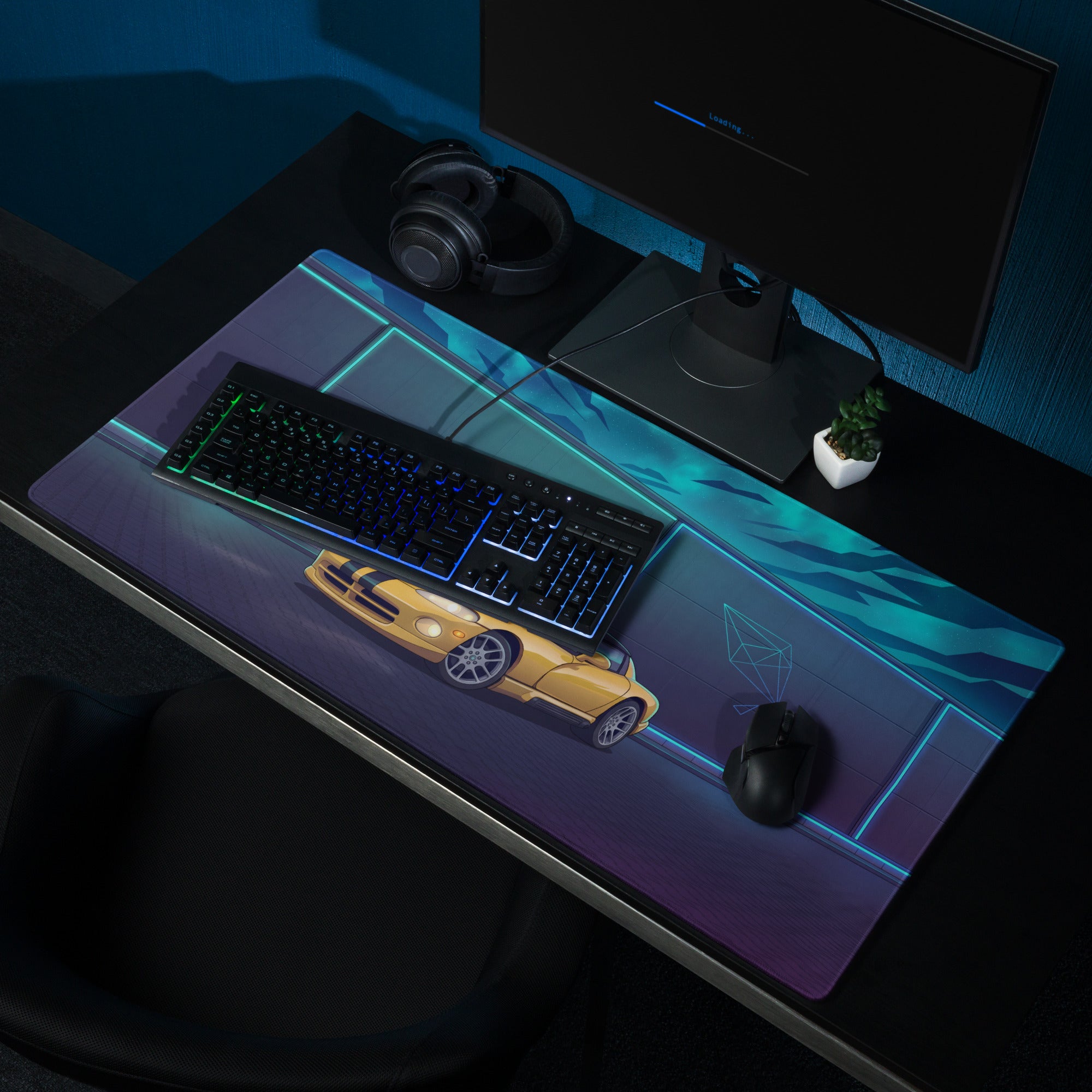 Dodge Viper SRT-10 Inspired Yellow Vaporwave Gaming Mouse Pad – Neon Cyan Night Garage Desk Mat with Black Racing Stripes and Futuristic Geometric Art