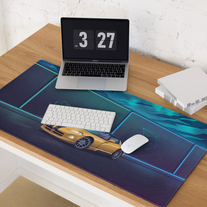 Dodge Viper SRT-10 Inspired Yellow Vaporwave Gaming Mouse Pad – Neon Cyan Night Garage Desk Mat with Black Racing Stripes and Futuristic Geometric Art