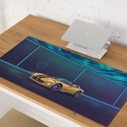 Dodge Viper SRT-10 Inspired Yellow Vaporwave Gaming Mouse Pad – Neon Cyan Night Garage Desk Mat with Black Racing Stripes and Futuristic Geometric Art