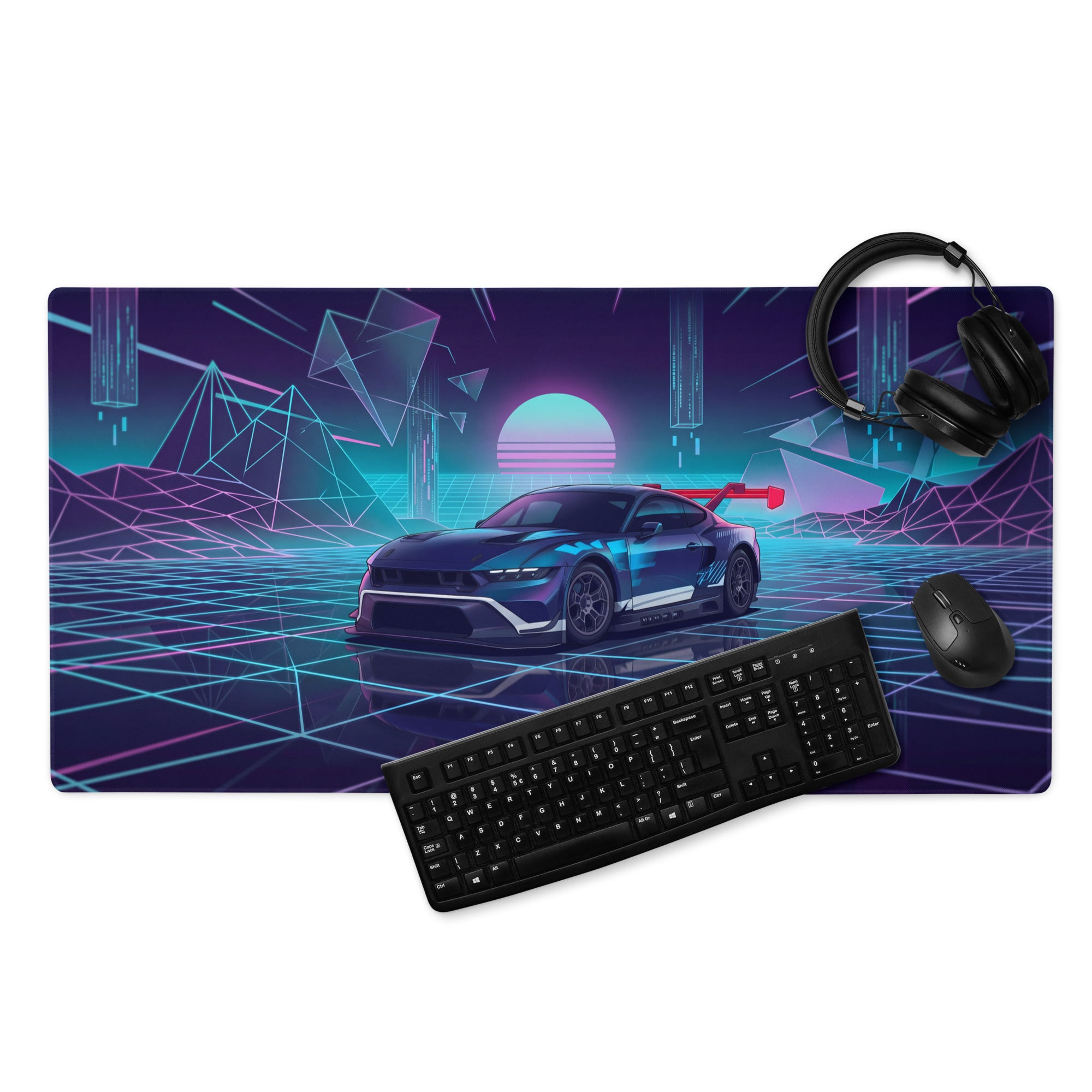 Ford Mustang GTD Inspired Blue Vaporwave Gaming Mouse Pad – Neon Cyan Pink Cyber Grid Desk Mat with Retro Futuristic Geometric Landscape Art