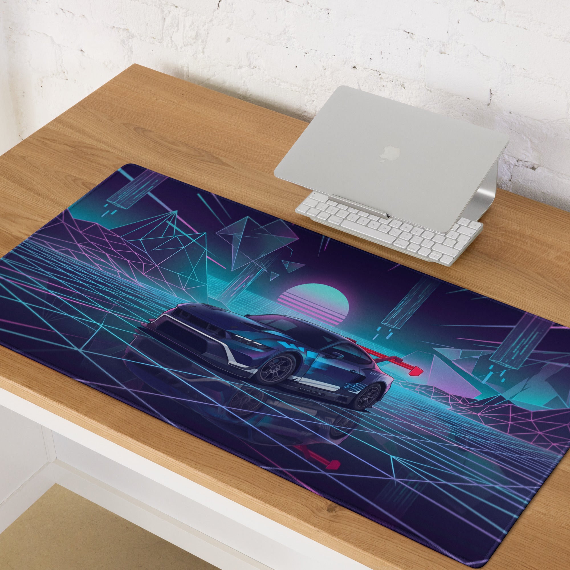 Ford Mustang GTD Inspired Blue Vaporwave Gaming Mouse Pad – Neon Cyan Pink Cyber Grid Desk Mat with Retro Futuristic Geometric Landscape Art