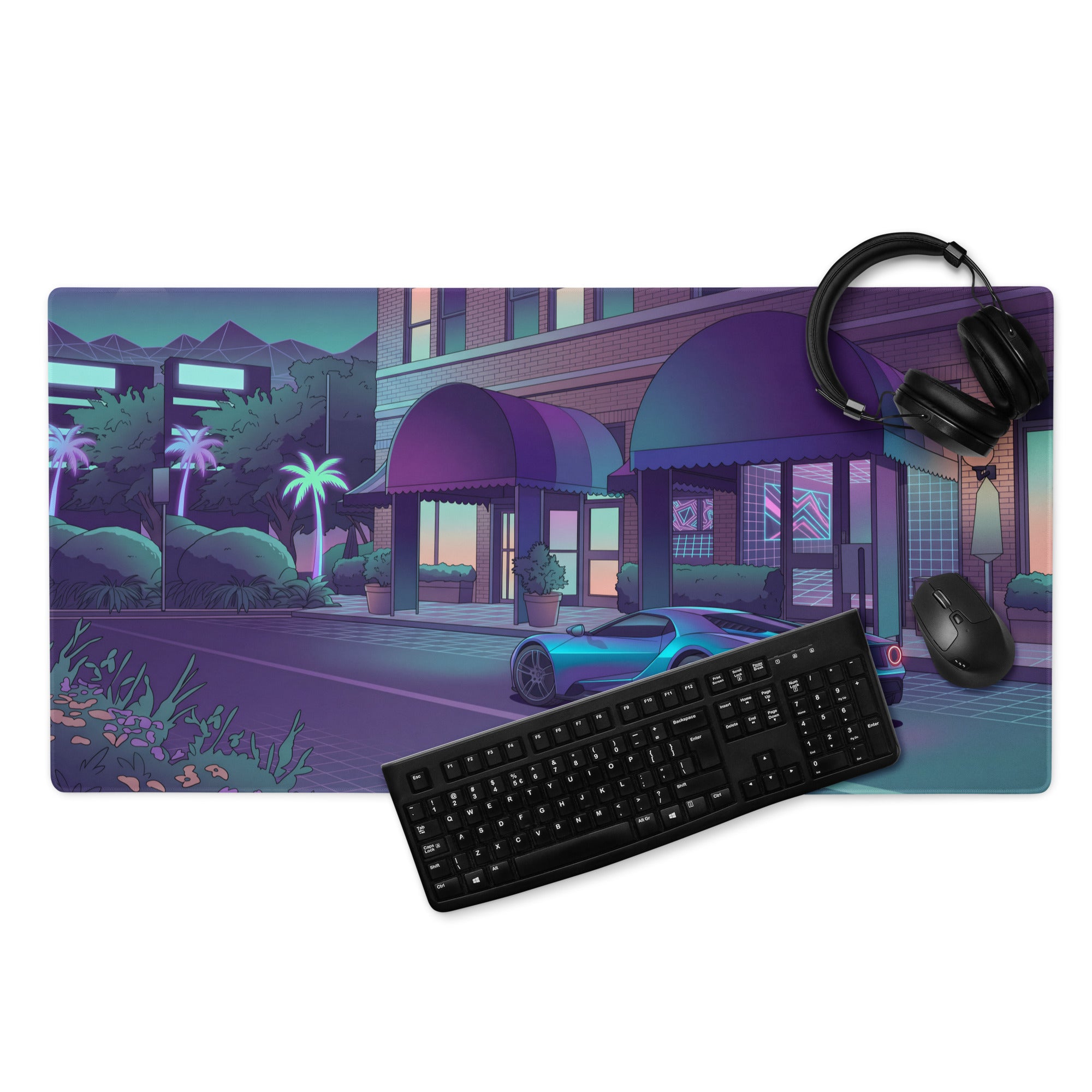 Ford GT Inspired Blue Vaporwave Gaming Mouse Pad – Neon Purple City Street Desk Mat with Retro Futuristic Palm Trees and Cyber Grid Art