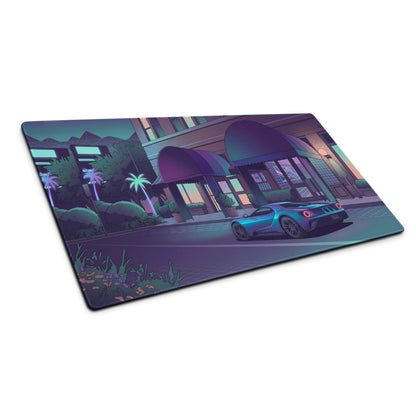 Ford GT Inspired Blue Vaporwave Gaming Mouse Pad – Neon Purple City Street Desk Mat with Retro Futuristic Palm Trees and Cyber Grid Art