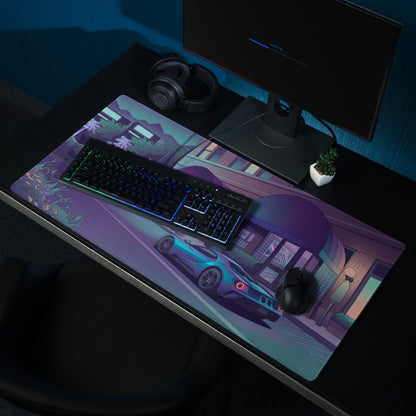 Ford GT Inspired Blue Vaporwave Gaming Mouse Pad – Neon Purple City Street Desk Mat with Retro Futuristic Palm Trees and Cyber Grid Art