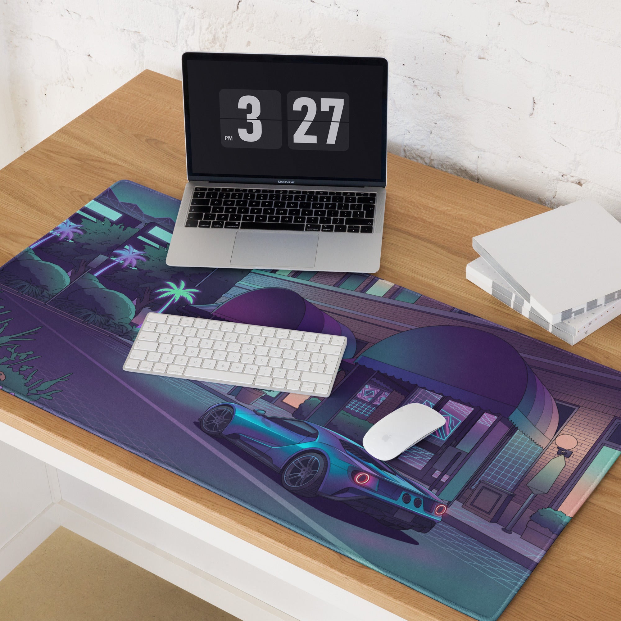 Ford GT Inspired Blue Vaporwave Gaming Mouse Pad – Neon Purple City Street Desk Mat with Retro Futuristic Palm Trees and Cyber Grid Art
