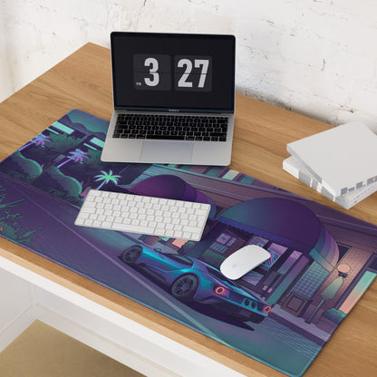 Ford GT Inspired Blue Vaporwave Gaming Mouse Pad – Neon Purple City Street Desk Mat with Retro Futuristic Palm Trees and Cyber Grid Art