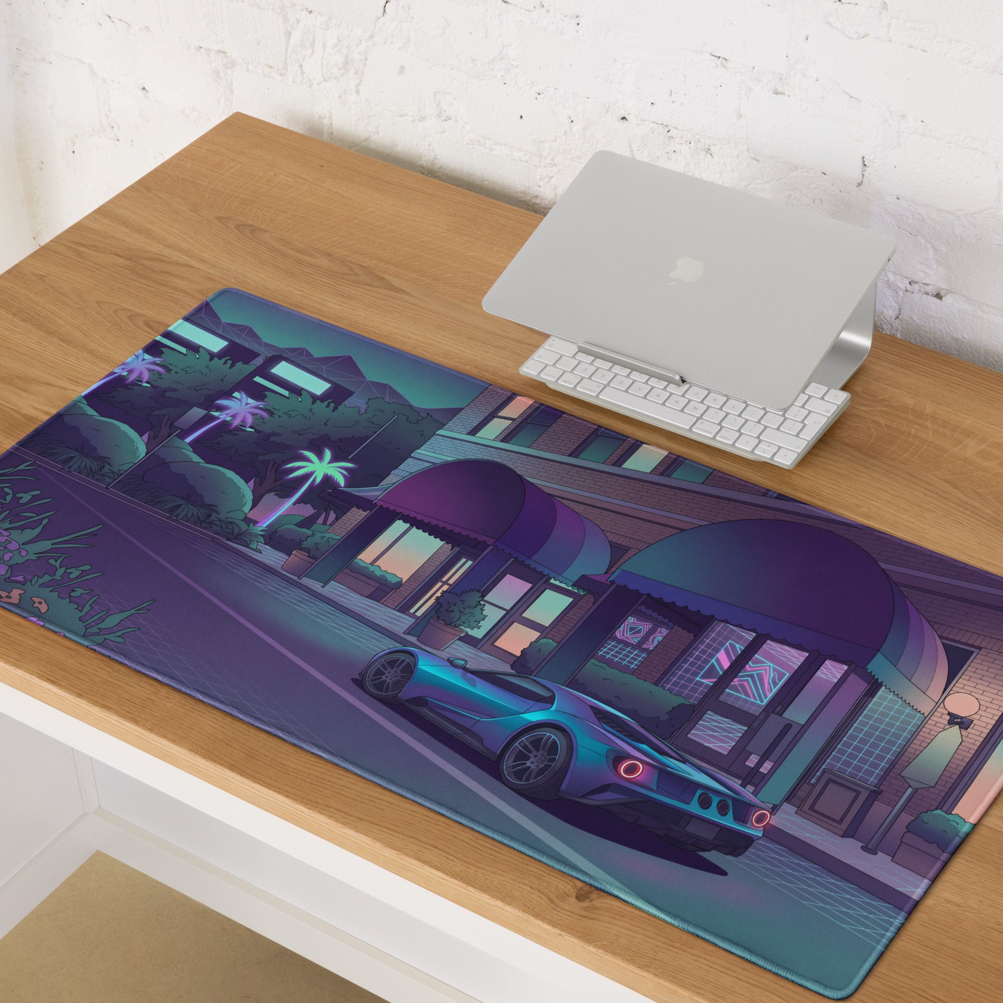 Ford GT Inspired Blue Vaporwave Gaming Mouse Pad – Neon Purple City Street Desk Mat with Retro Futuristic Palm Trees and Cyber Grid Art