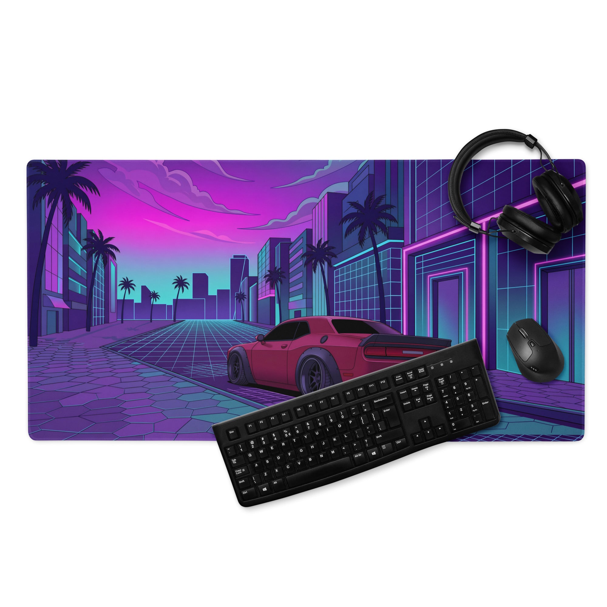 Dodge Challenger SRT Hellcat Widebody Inspired Red Vaporwave Gaming Mouse Pad – Neon Pink Cyan City Street Desk Mat with Retro Futuristic Palm Tree Art