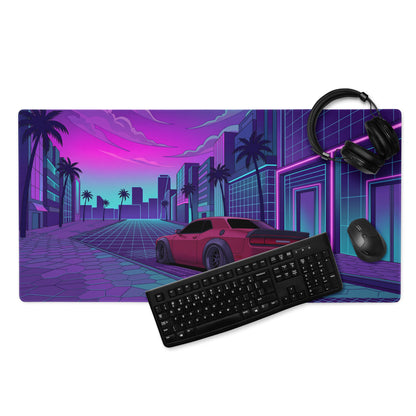 Dodge Challenger SRT Hellcat Widebody Inspired Red Vaporwave Gaming Mouse Pad – Neon Pink Cyan City Street Desk Mat with Retro Futuristic Palm Tree Art