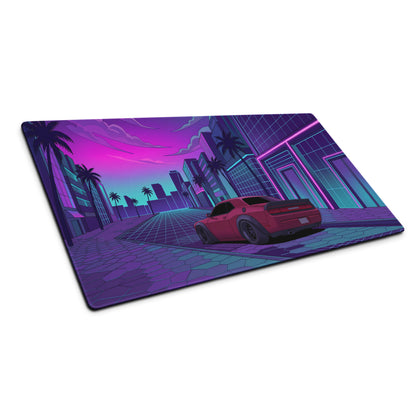 Dodge Challenger SRT Hellcat Widebody Inspired Red Vaporwave Gaming Mouse Pad – Neon Pink Cyan City Street Desk Mat with Retro Futuristic Palm Tree Art