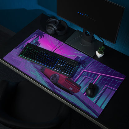 Dodge Challenger SRT Hellcat Widebody Inspired Red Vaporwave Gaming Mouse Pad – Neon Pink Cyan City Street Desk Mat with Retro Futuristic Palm Tree Art