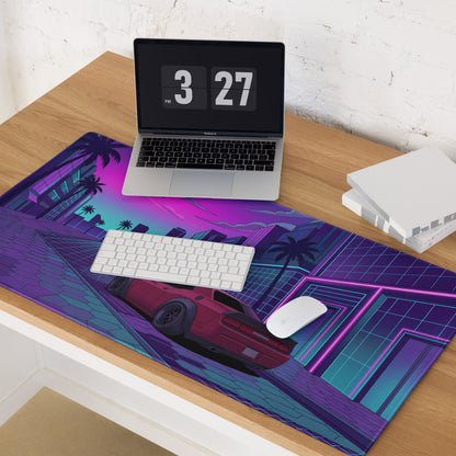 Dodge Challenger SRT Hellcat Widebody Inspired Red Vaporwave Gaming Mouse Pad – Neon Pink Cyan City Street Desk Mat with Retro Futuristic Palm Tree Art