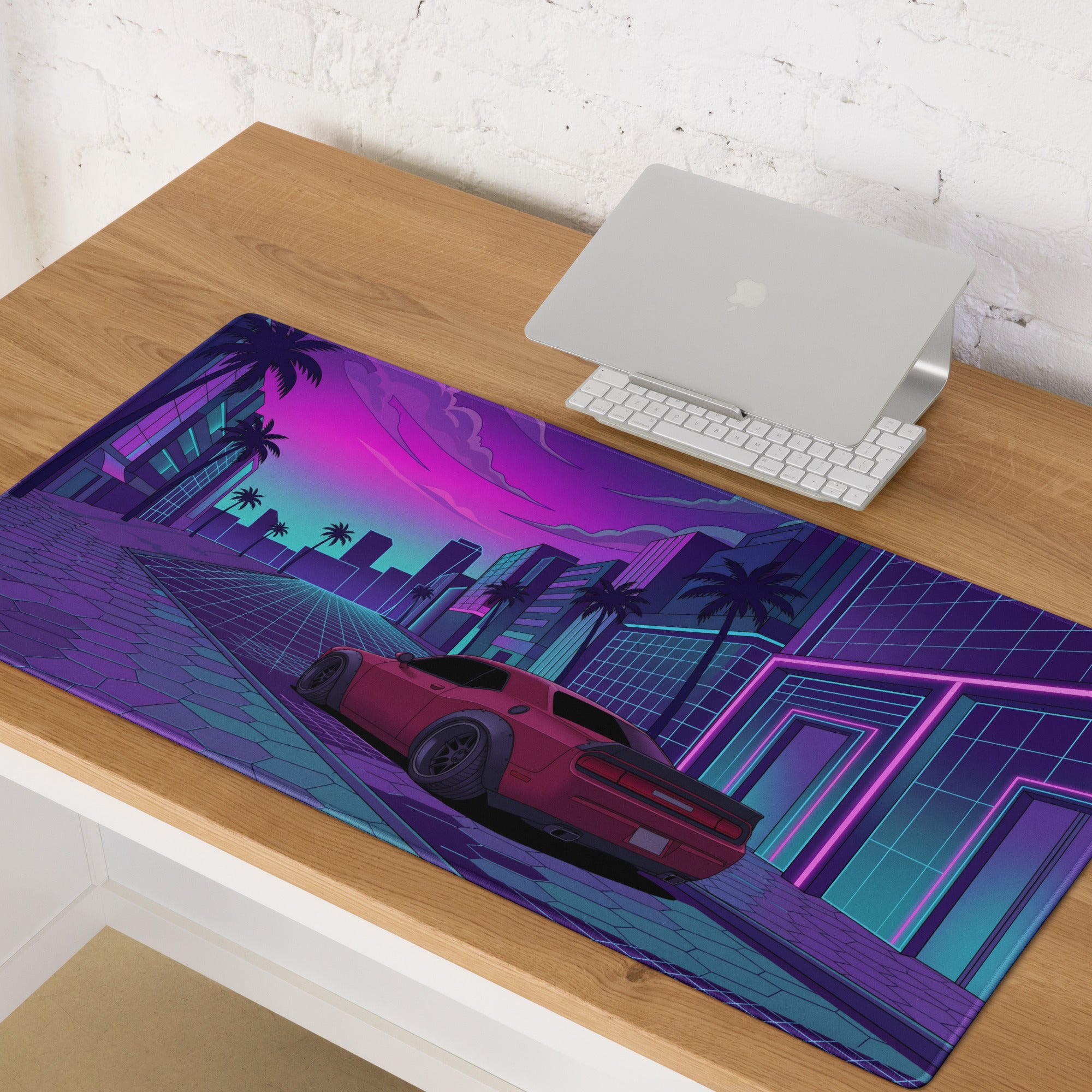 Dodge Challenger SRT Hellcat Widebody Inspired Red Vaporwave Gaming Mouse Pad – Neon Pink Cyan City Street Desk Mat with Retro Futuristic Palm Tree Art