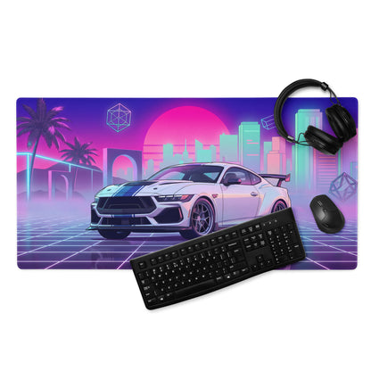 Ford Mustang Dark Horse Inspired White Vaporwave Gaming Mouse Pad – Neon Pink Cyan City Skyline Desk Mat with Retro Grid Sun and