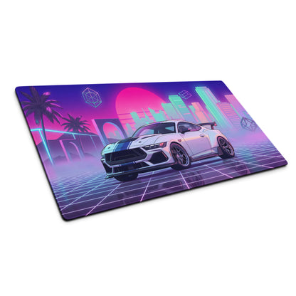 Ford Mustang Dark Horse Inspired White Vaporwave Gaming Mouse Pad – Neon Pink Cyan City Skyline Desk Mat with Retro Grid Sun and