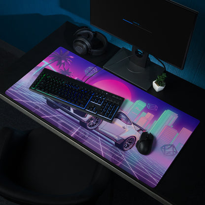 Ford Mustang Dark Horse Inspired White Vaporwave Gaming Mouse Pad – Neon Pink Cyan City Skyline Desk Mat with Retro Grid Sun and