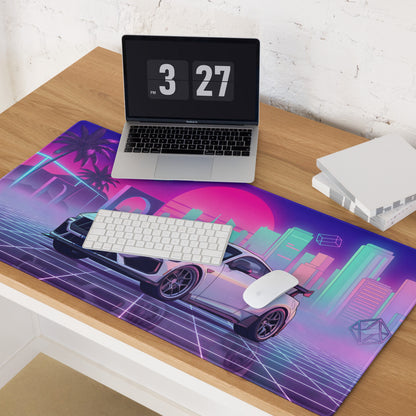 Ford Mustang Dark Horse Inspired White Vaporwave Gaming Mouse Pad – Neon Pink Cyan City Skyline Desk Mat with Retro Grid Sun and