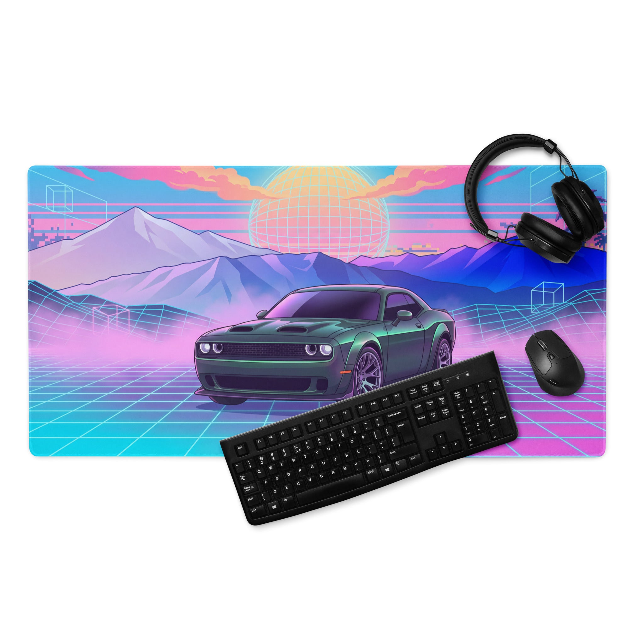 Dodge Challenger SRT Hellcat Inspired Green Vaporwave Gaming Mouse Pad – Neon Pink Cyan Grid Desk Mat with Retro Mountains and Futuristic Sunset Art