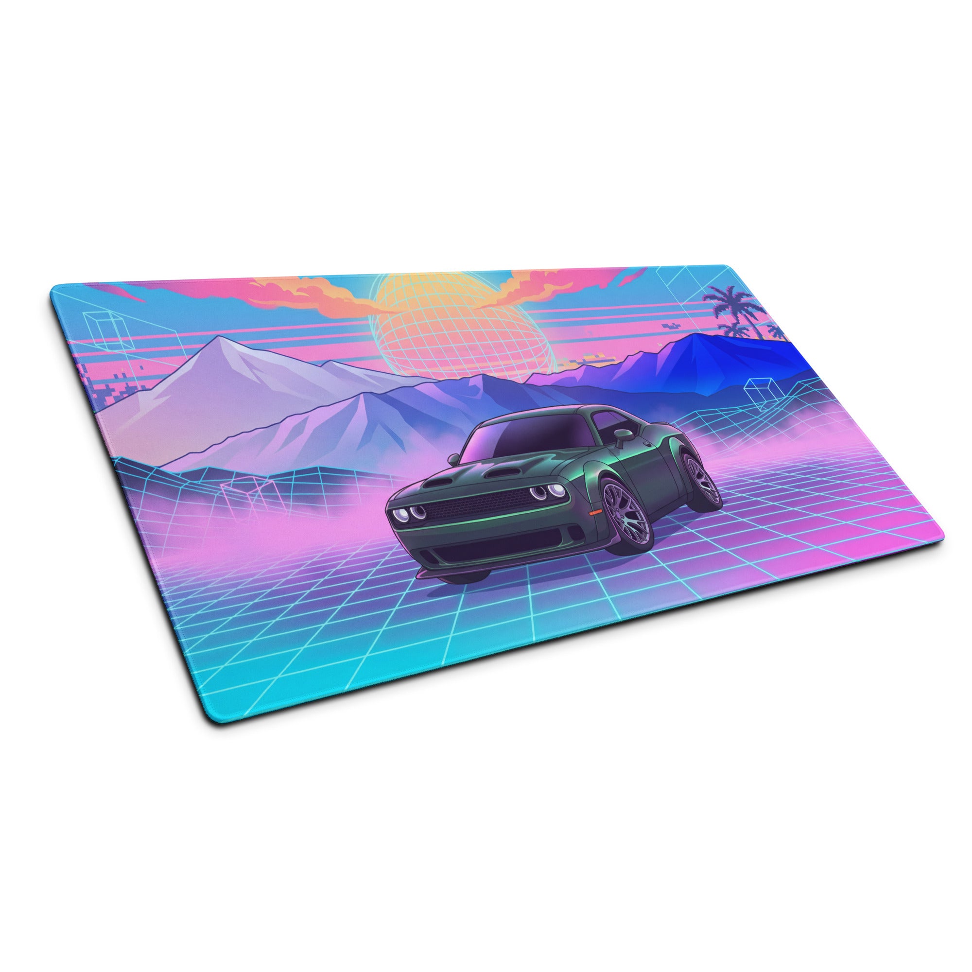 Dodge Challenger SRT Hellcat Inspired Green Vaporwave Gaming Mouse Pad – Neon Pink Cyan Grid Desk Mat with Retro Mountains and Futuristic Sunset Art