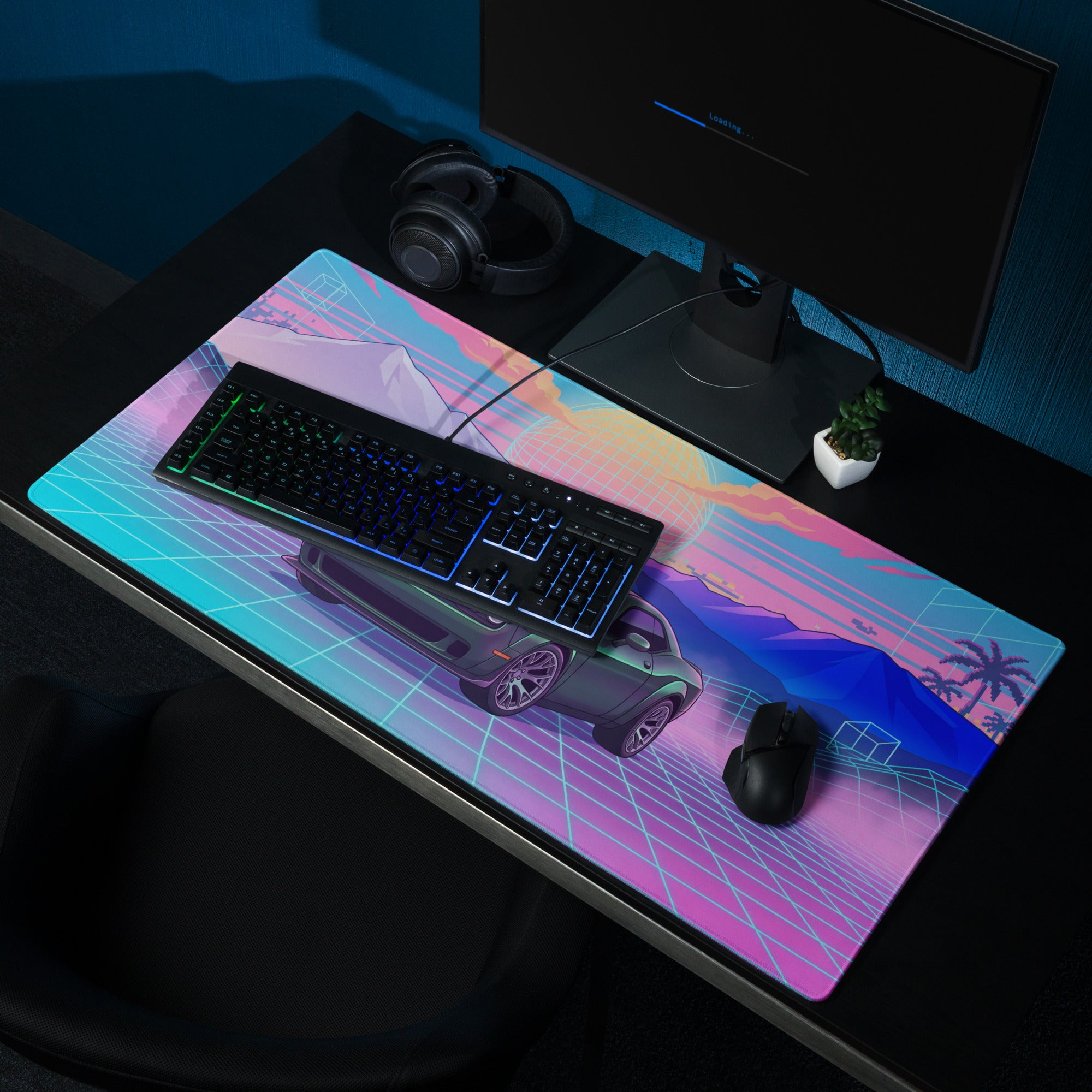 Dodge Challenger SRT Hellcat Inspired Green Vaporwave Gaming Mouse Pad – Neon Pink Cyan Grid Desk Mat with Retro Mountains and Futuristic Sunset Art